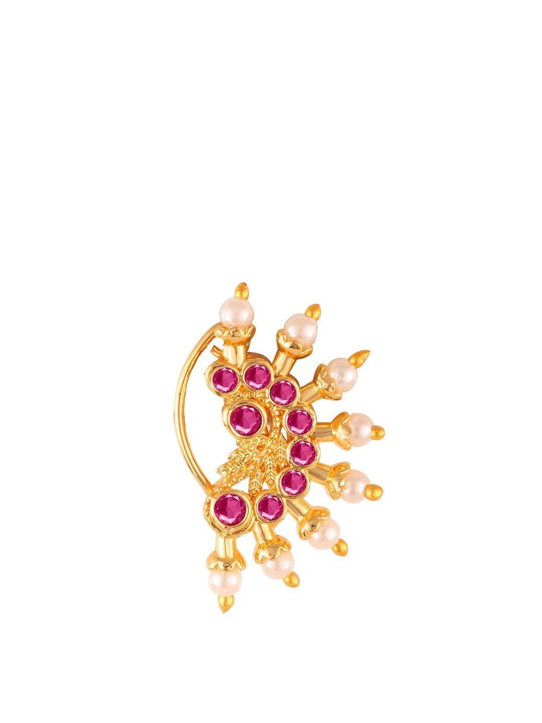 vighnaharta gold-plated stone-studded & pearl beaded nosepin