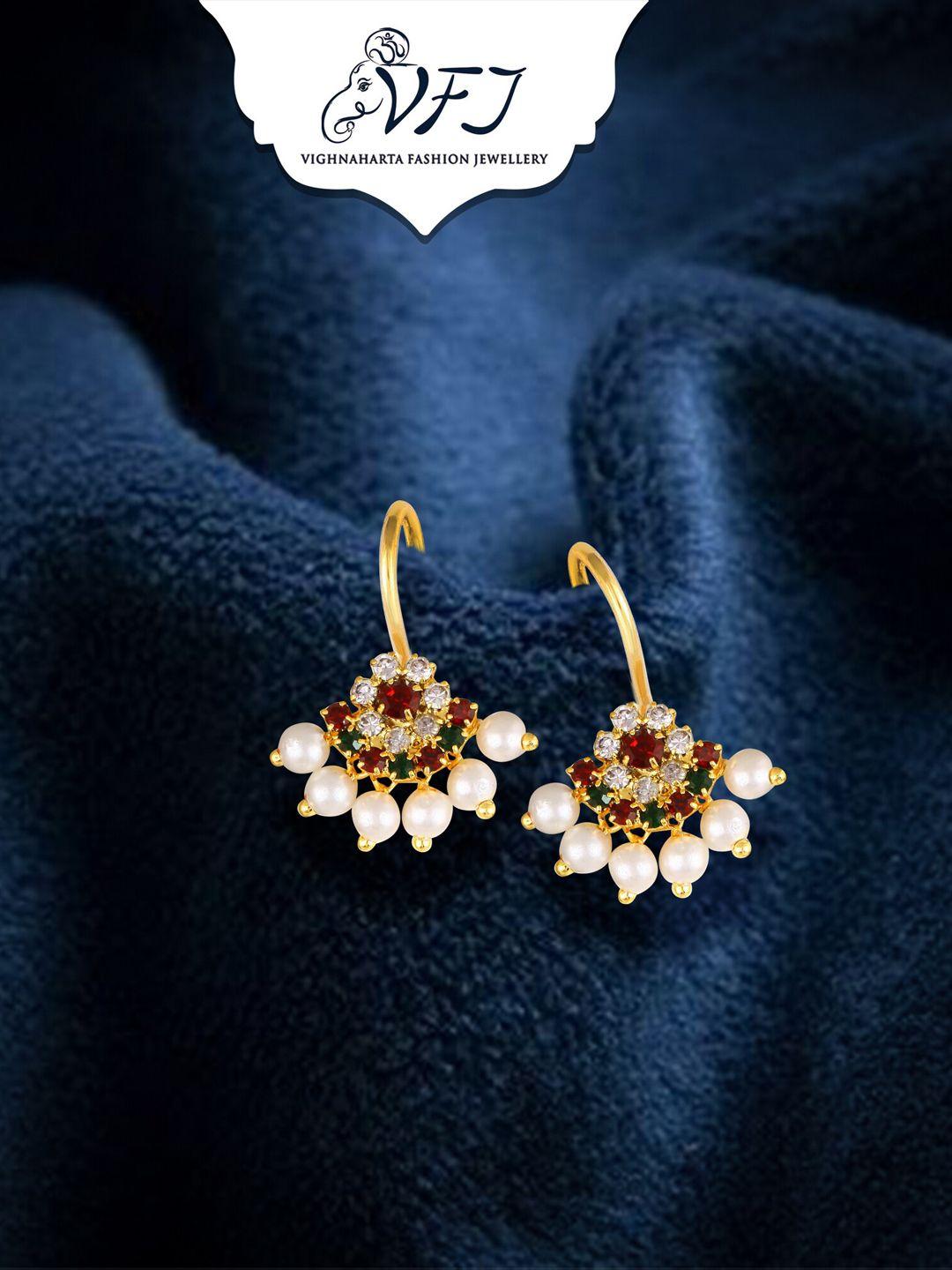 vighnaharta gold-plated stone studded & pearls beaded drop earrings