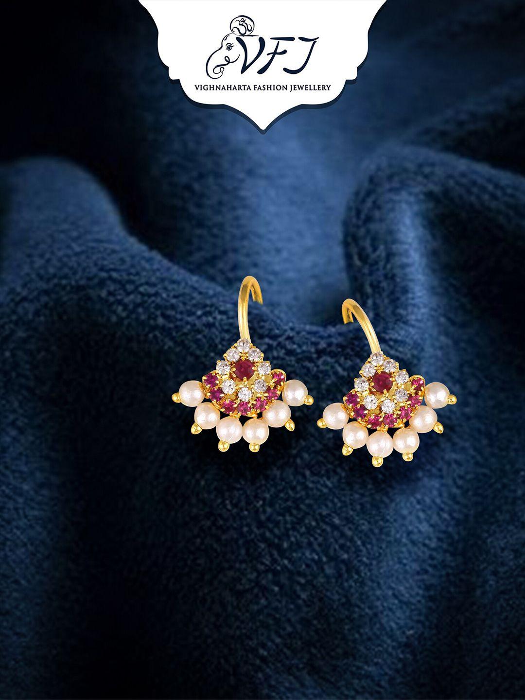 vighnaharta gold-plated stone studded & pearls beaded drop earrings