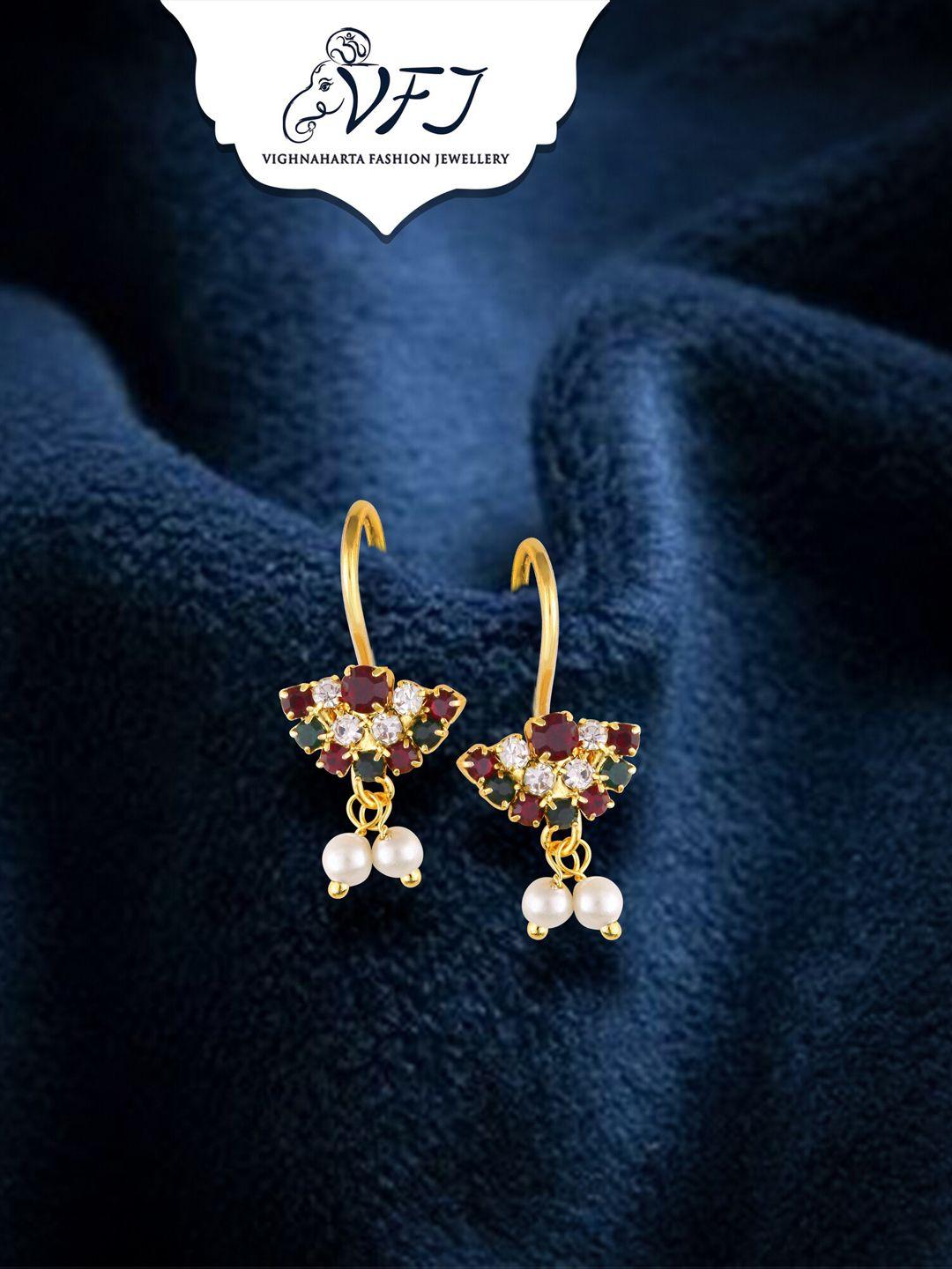 vighnaharta gold-plated stone-studded & pearls bugadi earrings