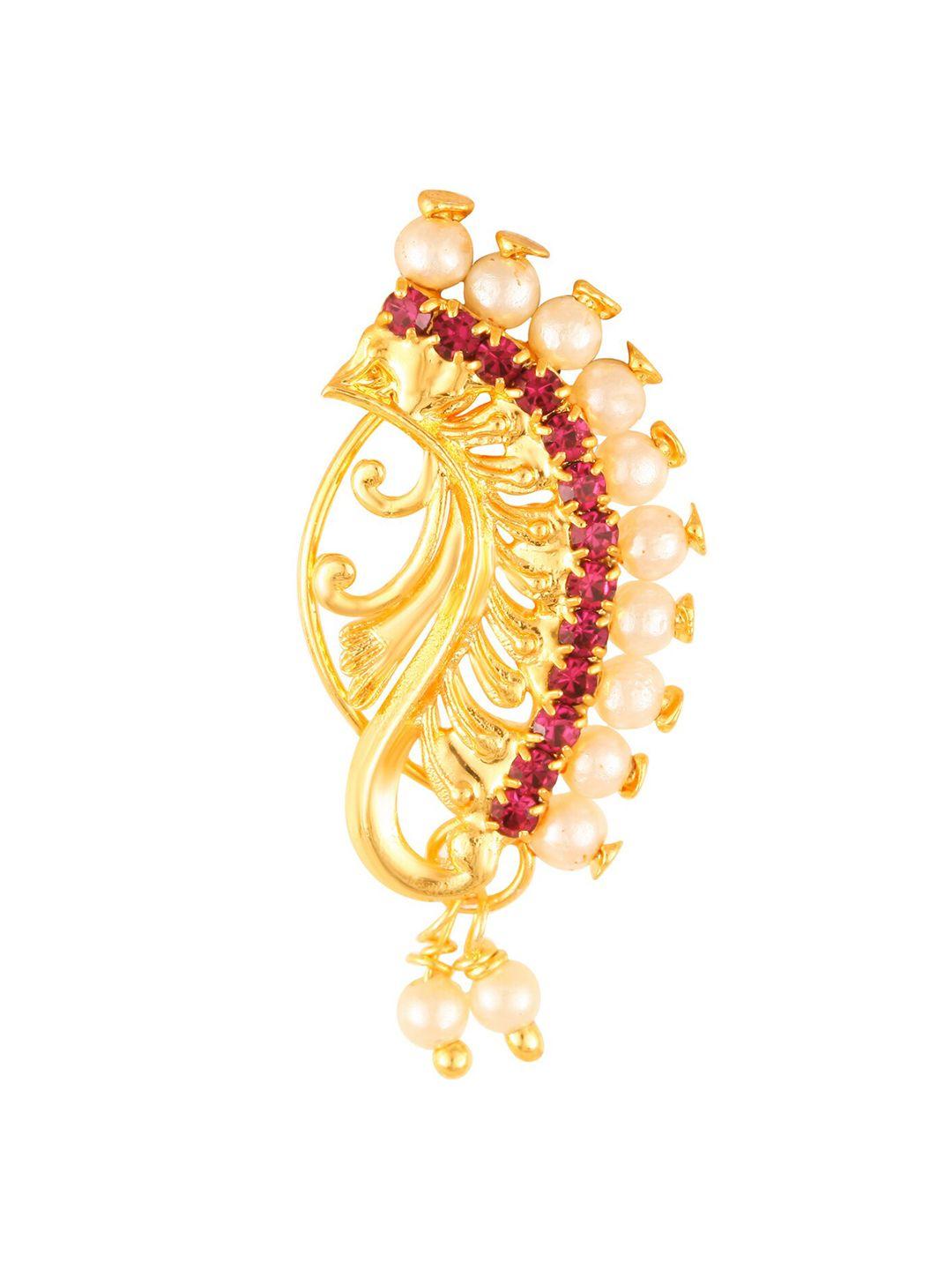 vighnaharta gold-plated stones-studded & beaded maharashtrian nosepin