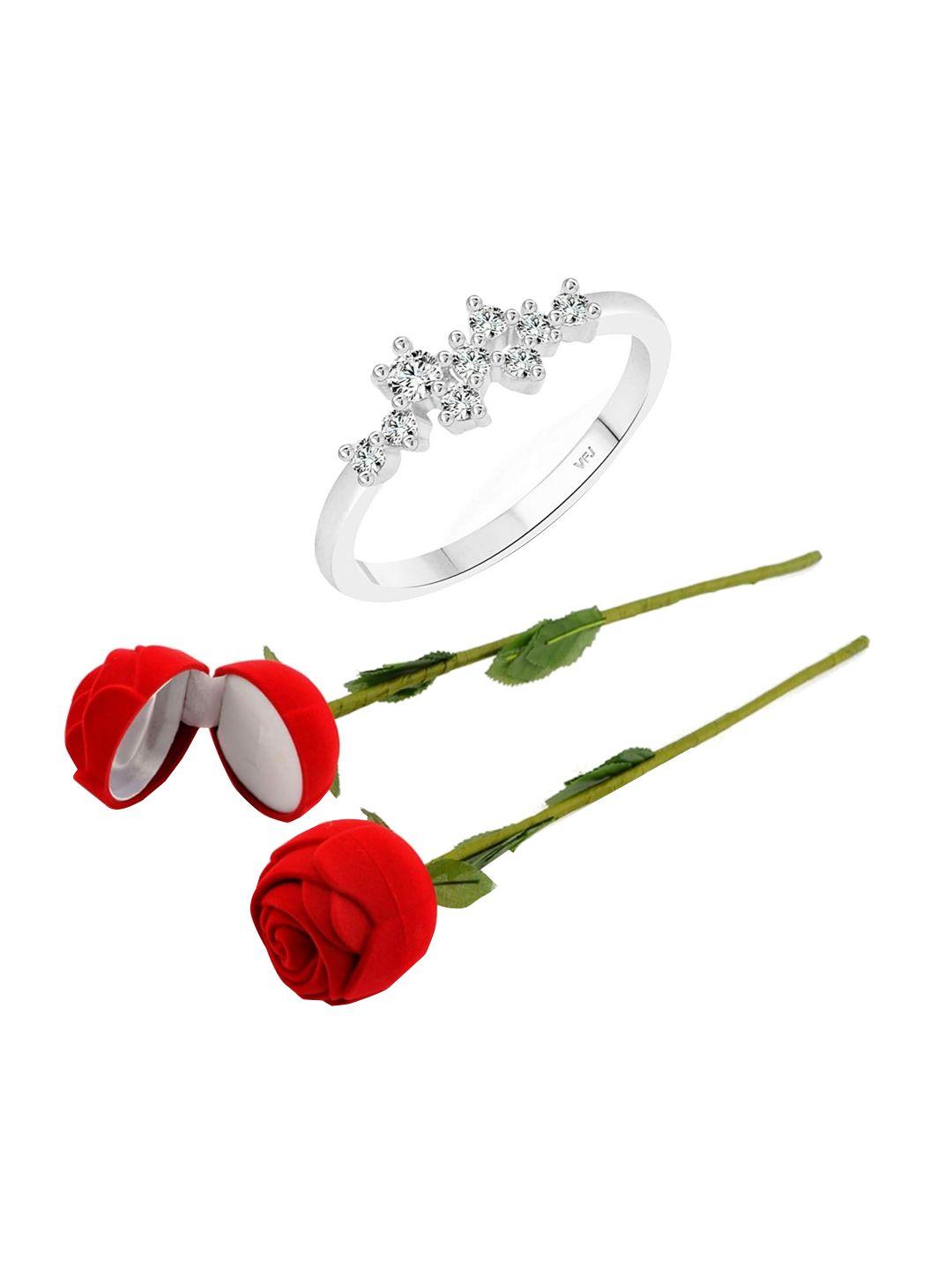 vighnaharta rhodium-plated cubic zirconia-stone studded finger ring with rose box