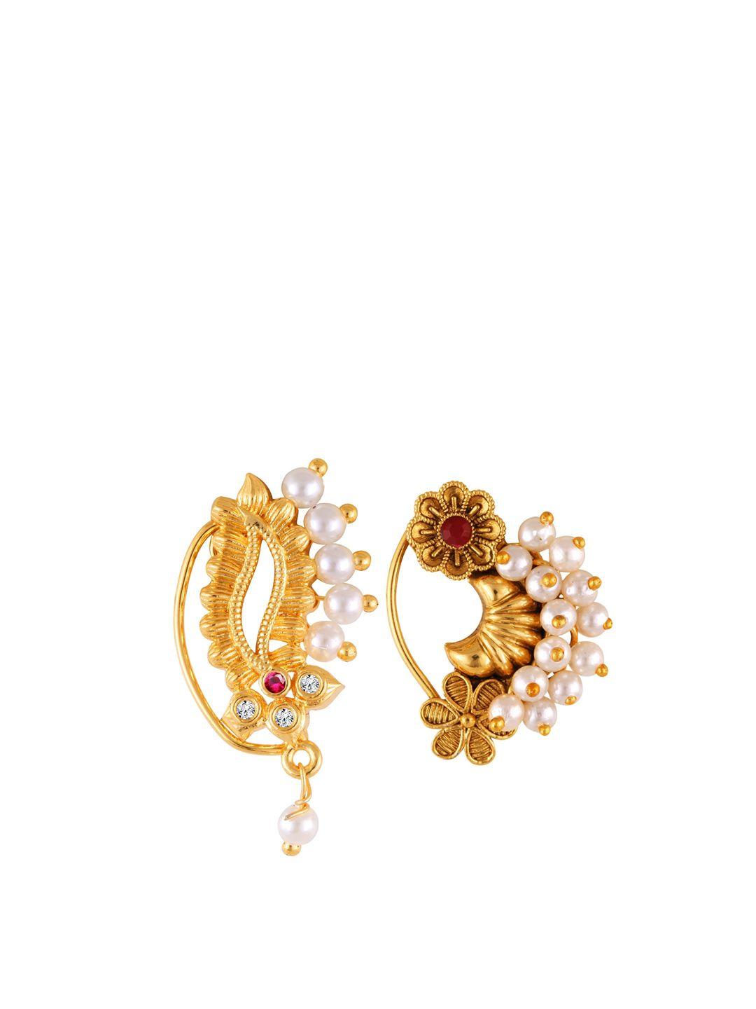 vighnaharta set of 2 gold-plated pearl beaded nosepins