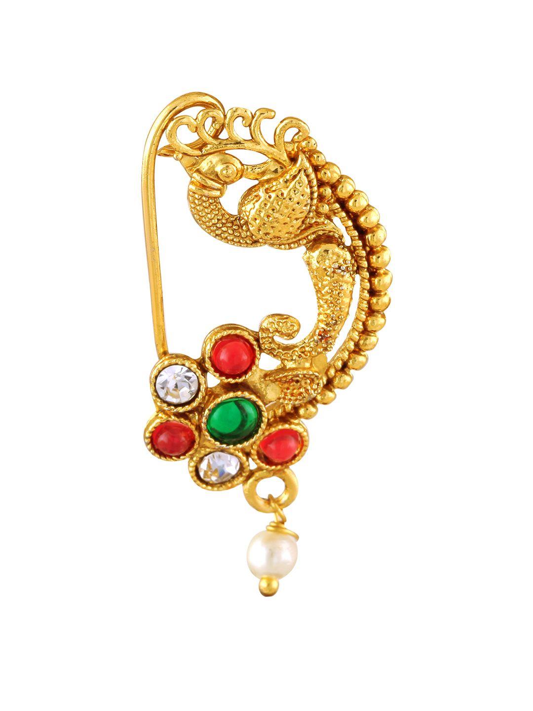 vighnaharta women gold-plated artificial stone & beads nosepin
