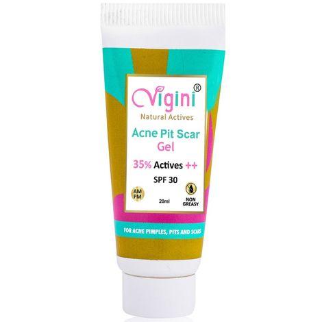vigini 35% actives acne pit scars spot stop face day night gel oily prone skin pimples remover reduce redness pores tightening niacinamide tea tree oil (salicylic glycolic hyalurnoic) acid neem ext spf 30 men women 20ml