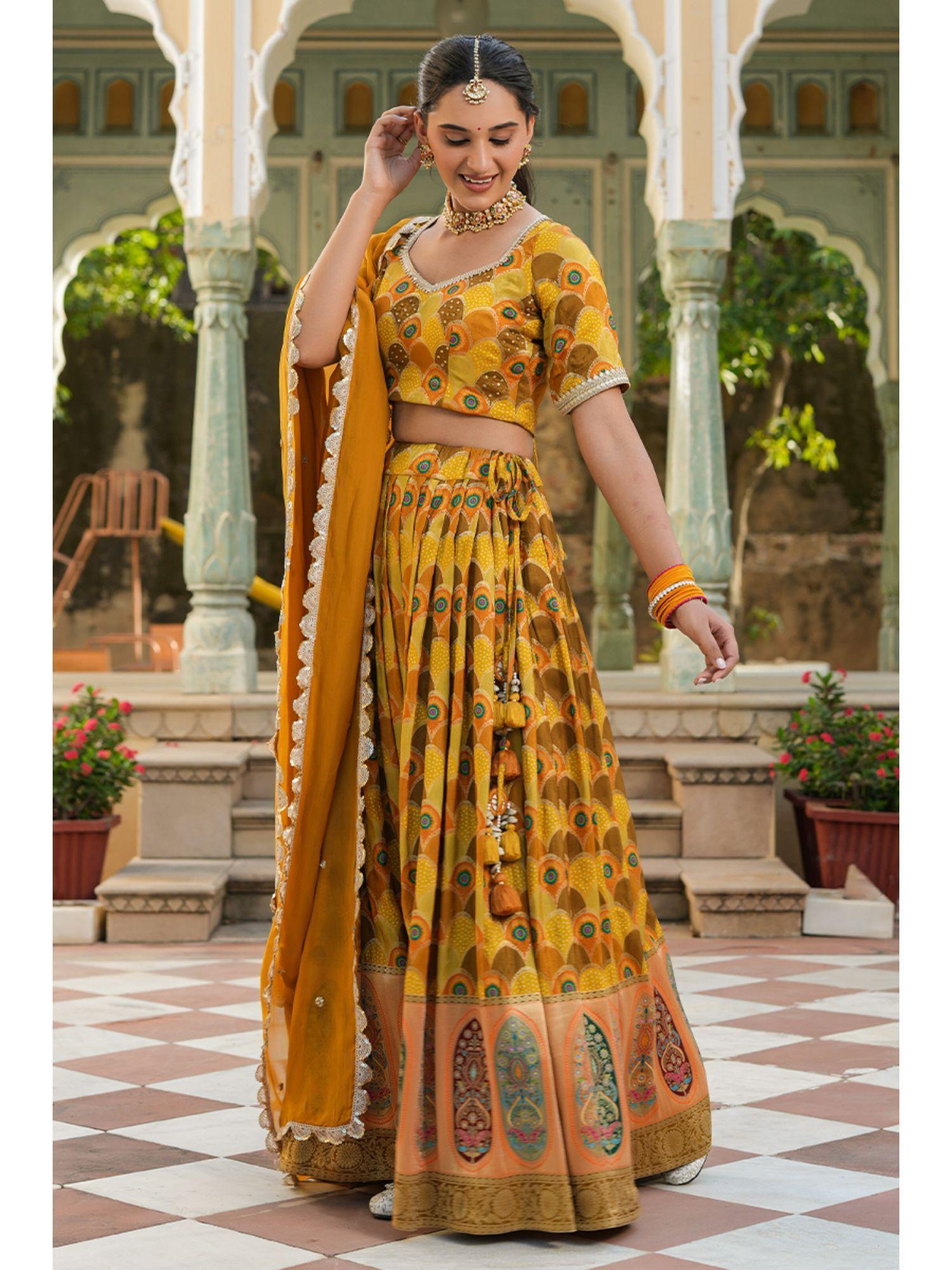 viha mustard silk printed lehenga (set of 3)