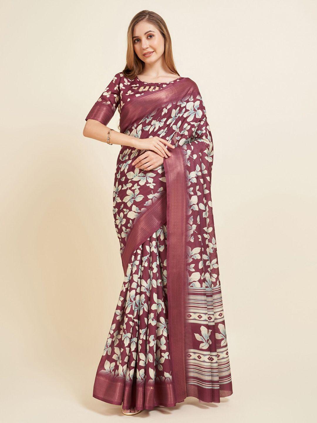 villagius floral printed zari silk blend block print saree