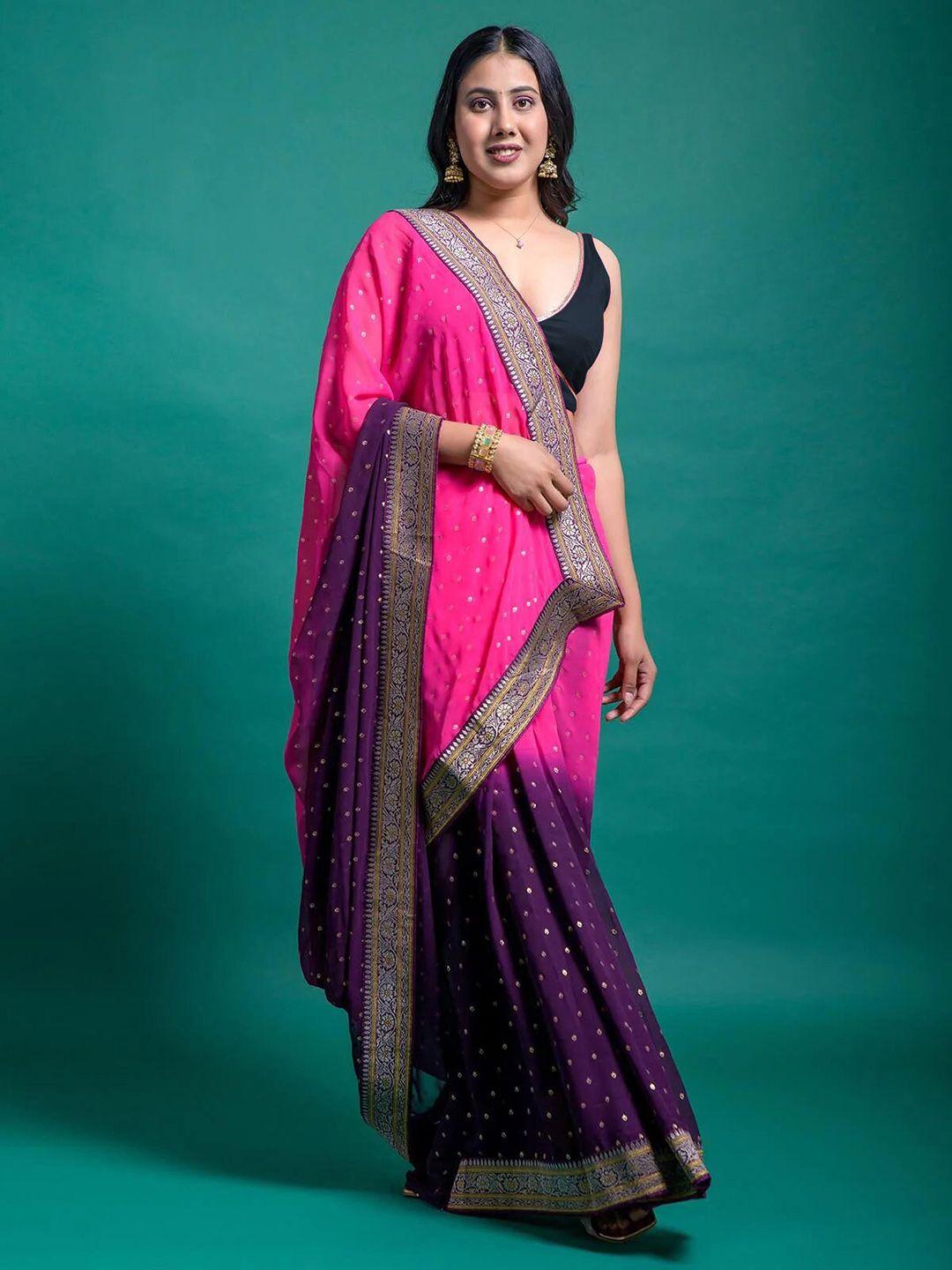 villagius pink & magenta colourblocked zari pure georgette half and half block print saree