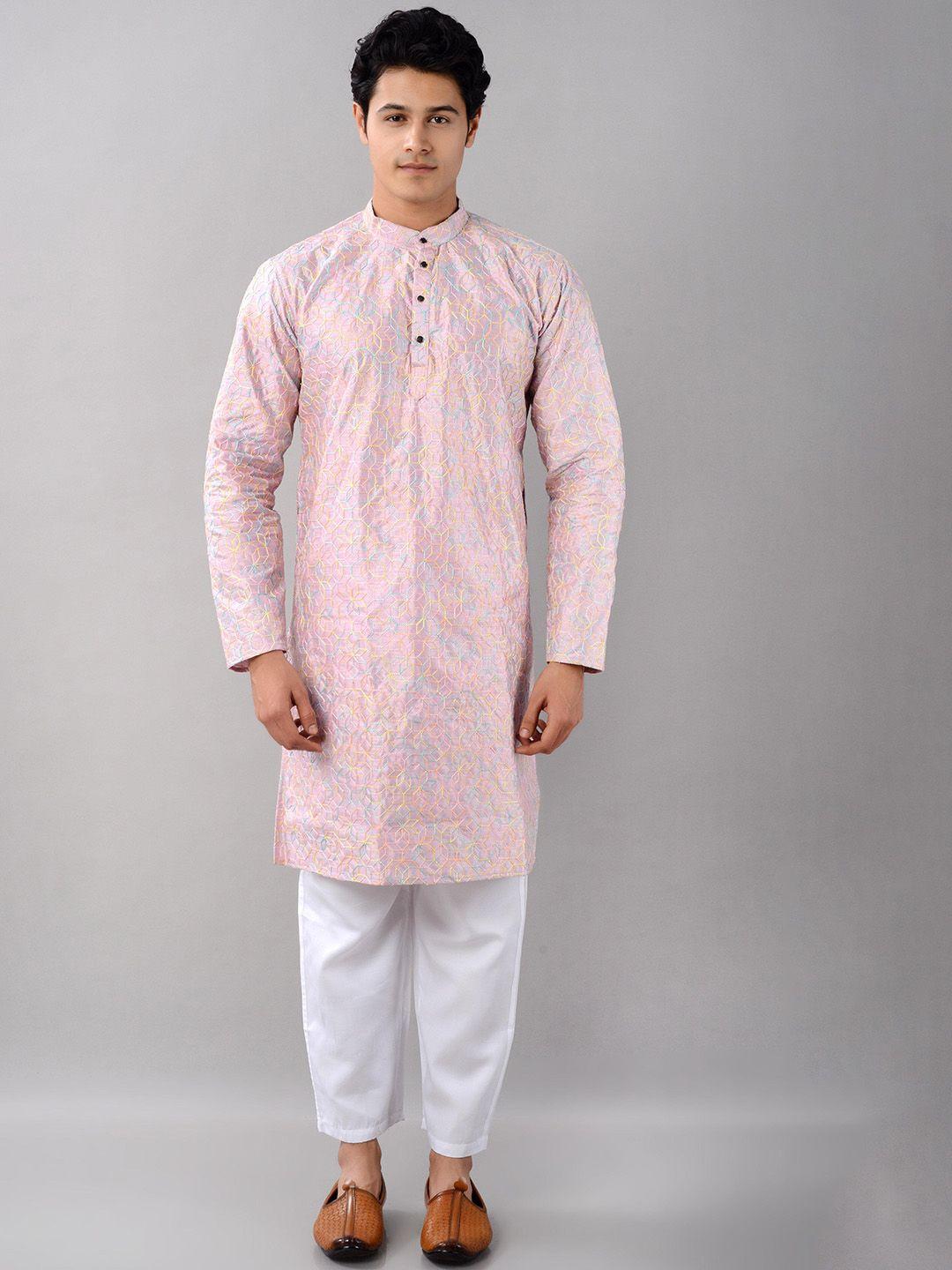 villain geometric embroidered band collar pastels straight kurta with pyjamas