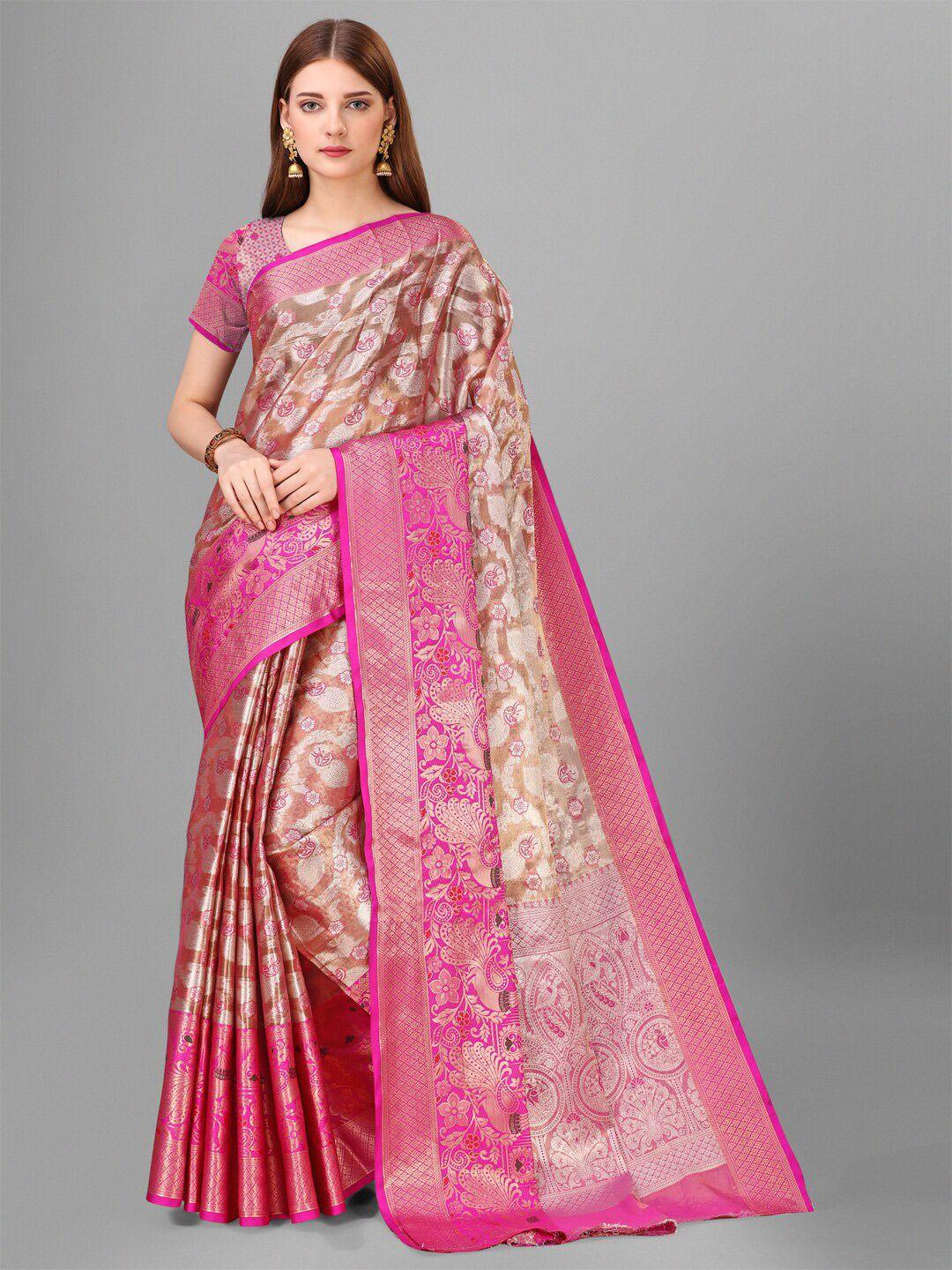 vilochan pink & gold-toned woven design zari tissue banarasi saree