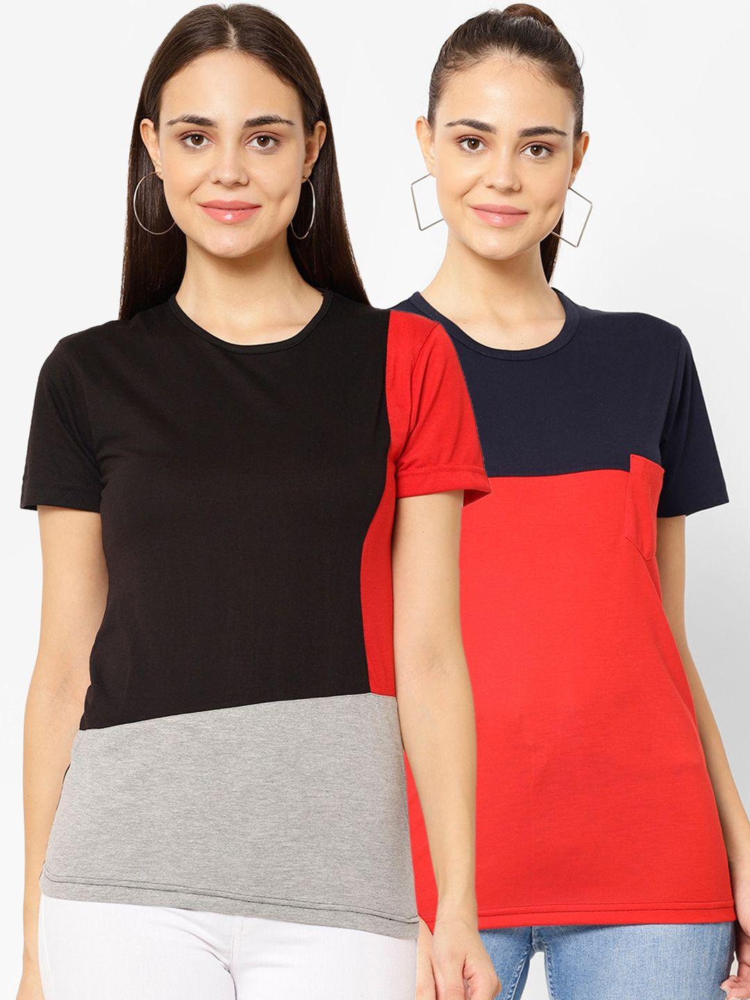 vimal jonney women multicoloured pack of 2 colourblocked round neck t-shirt