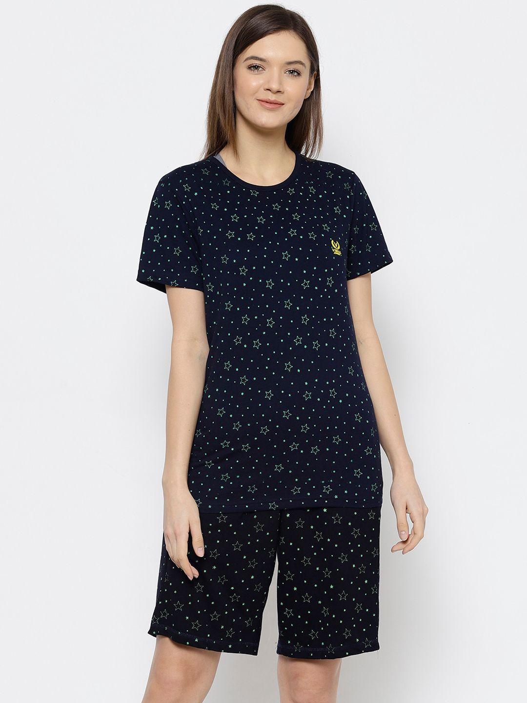 vimal-jonney-women-navy-blue-&-sea-green-printed-night-suit