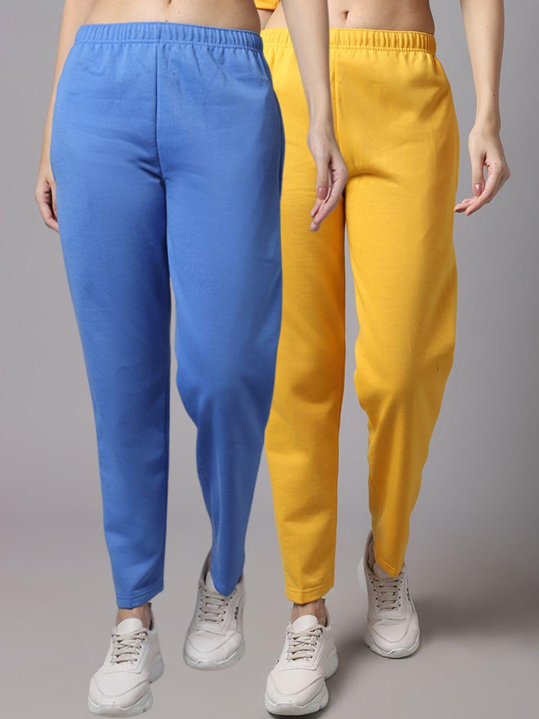 vimal-jonney-women-pack-of-2-blue-&-yellow-solid-pure-cotton-track-pants