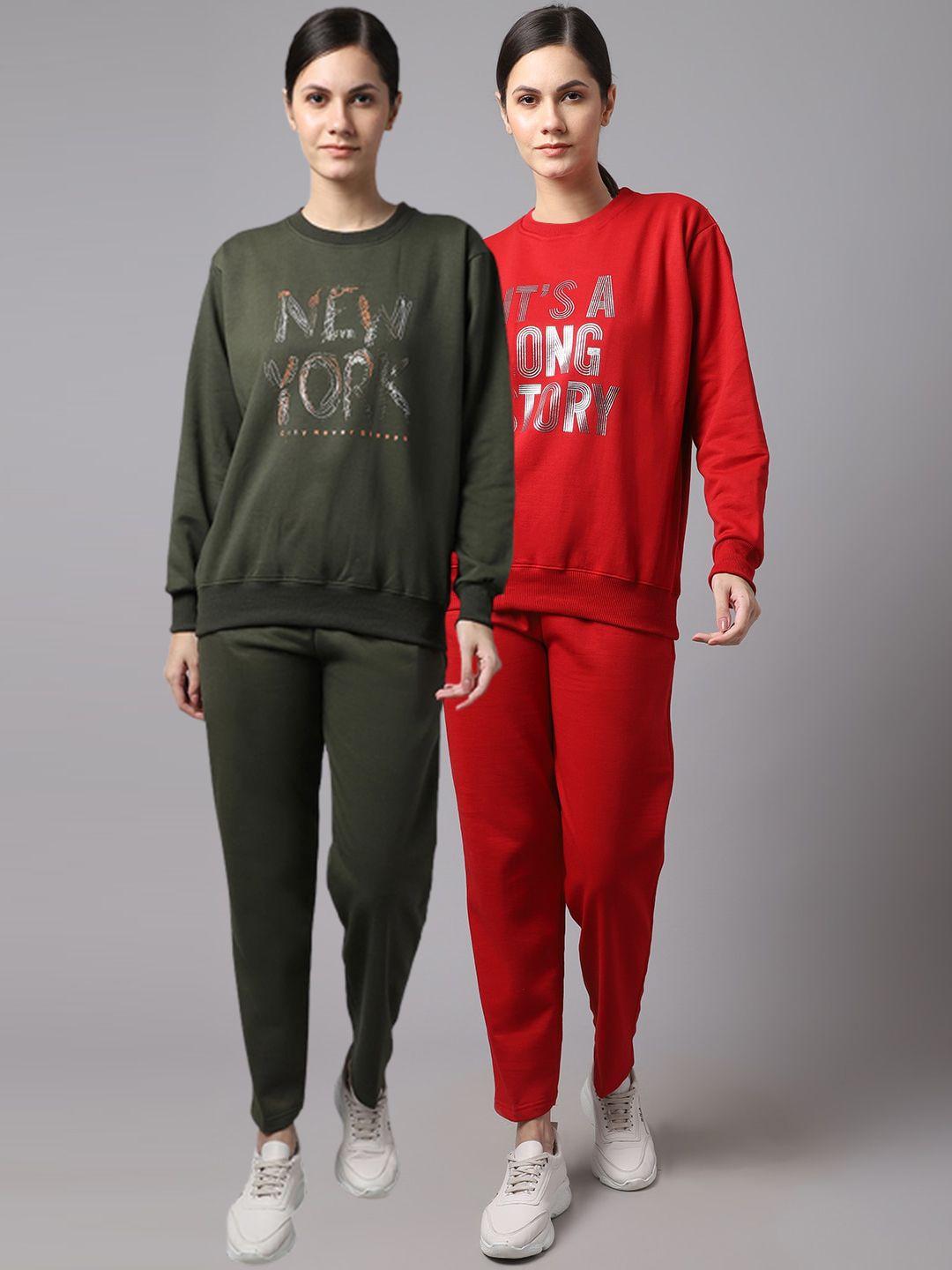 vimal jonney women pack of 2 olive green 7 red printed fleece tracksuits