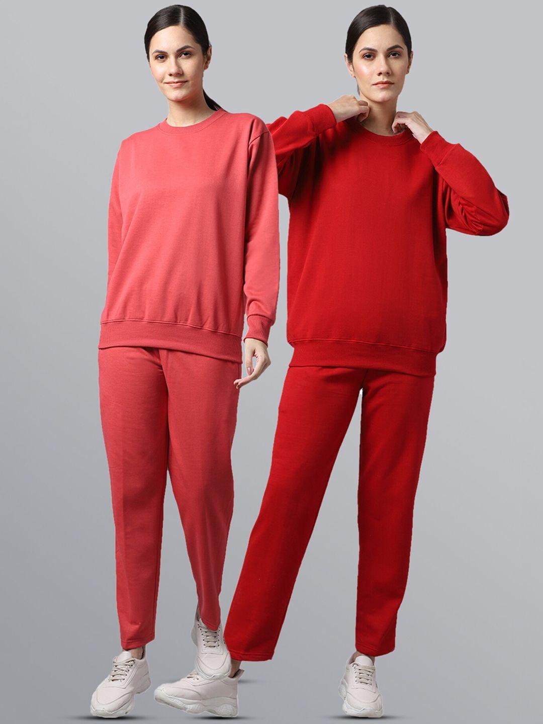 vimal jonney women pack of 2 red & coral solid fleece tracksuits