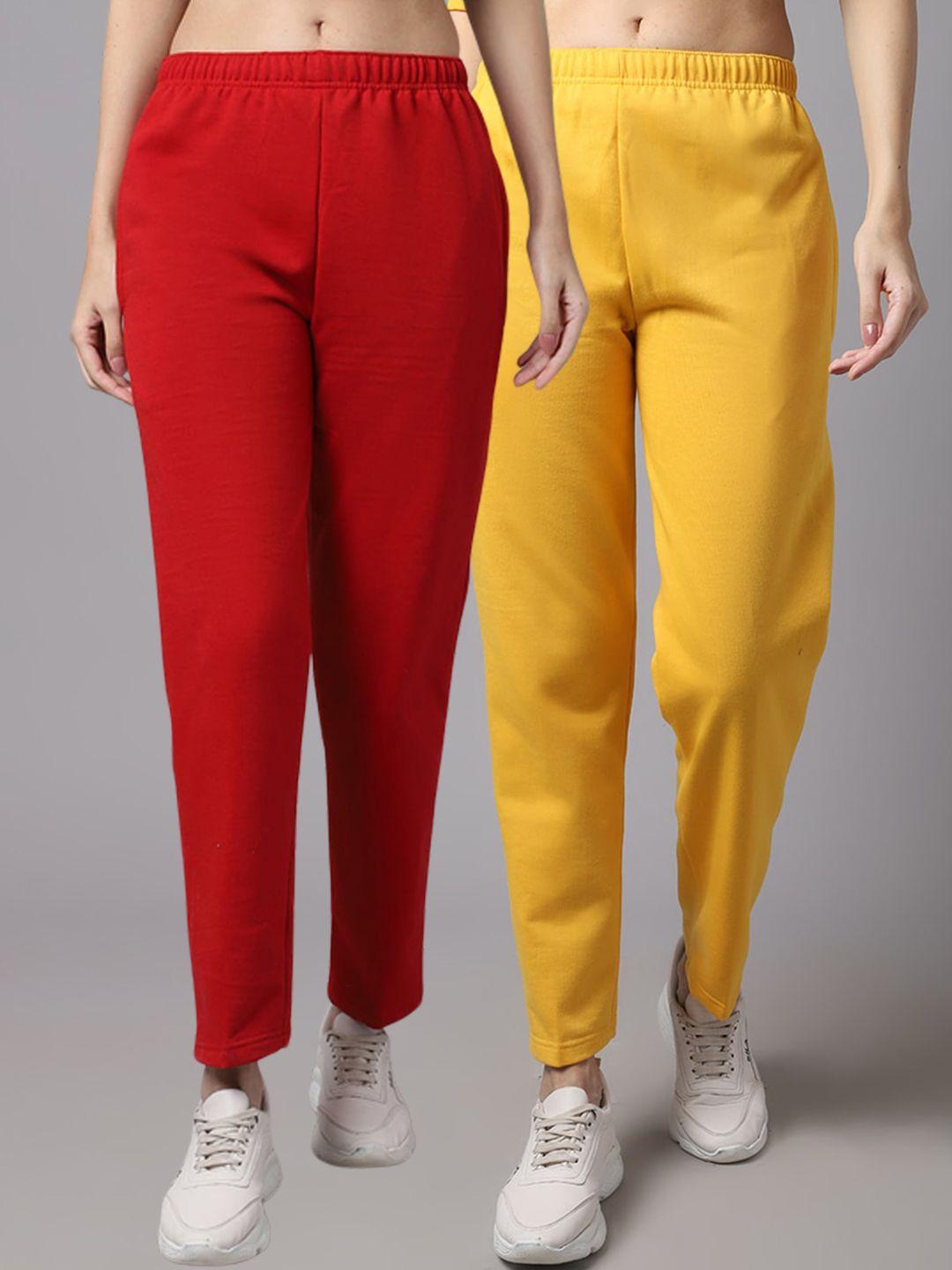 vimal jonney women pack of 2 red & yellow solid pure cotton track pants