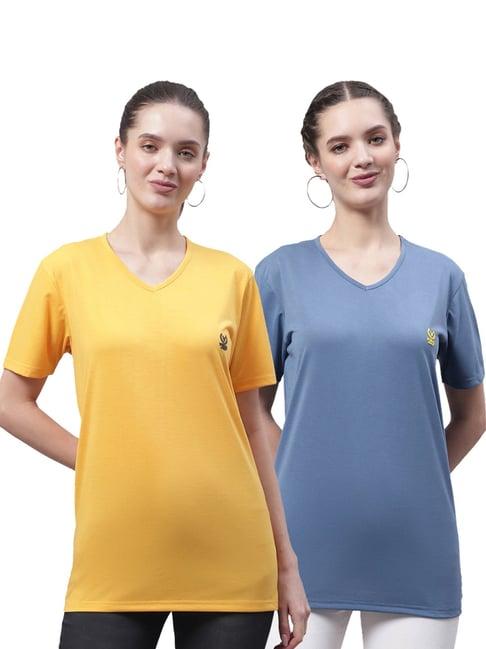 vimal jonney yellow & blue cotton logo t-shirt - pack of 2