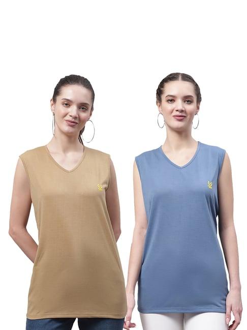 vimal jonney beige & blue cotton logo print t-shirt (pack of 2)