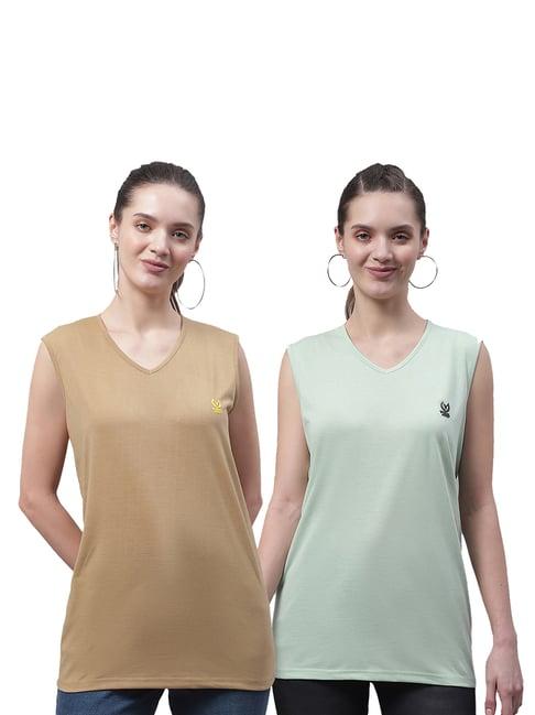 vimal jonney beige & mint cotton logo print t-shirt (pack of 2)