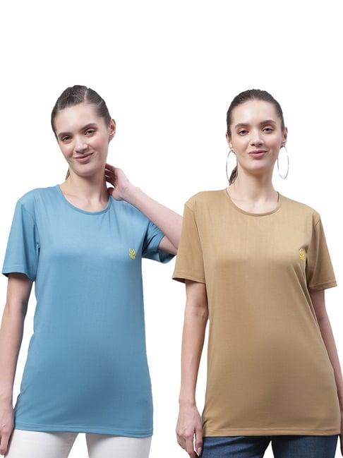 vimal jonney blue & beige cotton logo t-shirt - pack of 2