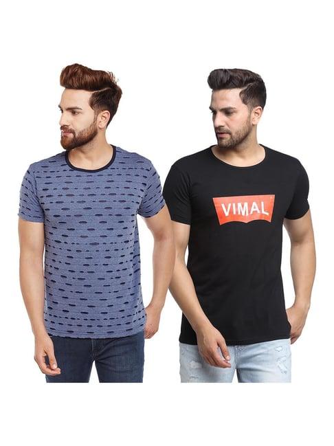 vimal jonney blue & black self design t-shirt - pack of 2