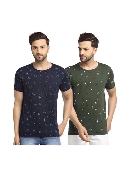 vimal jonney blue & dark olive printed t-shirt (pack of 2)