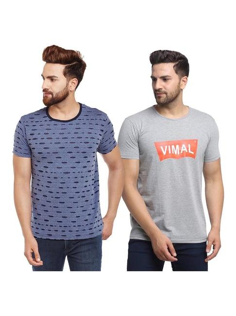vimal jonney blue & grey self design t-shirt - pack of 2