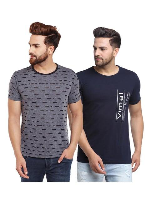 vimal jonney dark grey & navy self design t-shirt - pack of 2