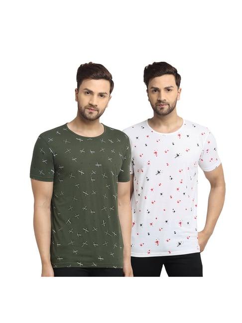 vimal jonney dark olive & white printed t-shirt (pack of 2)