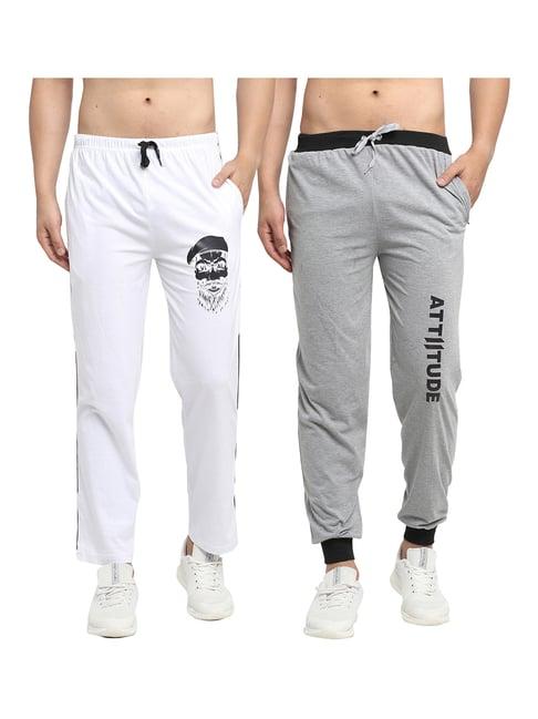 vimal jonney grey & white printed trackpants & joggers