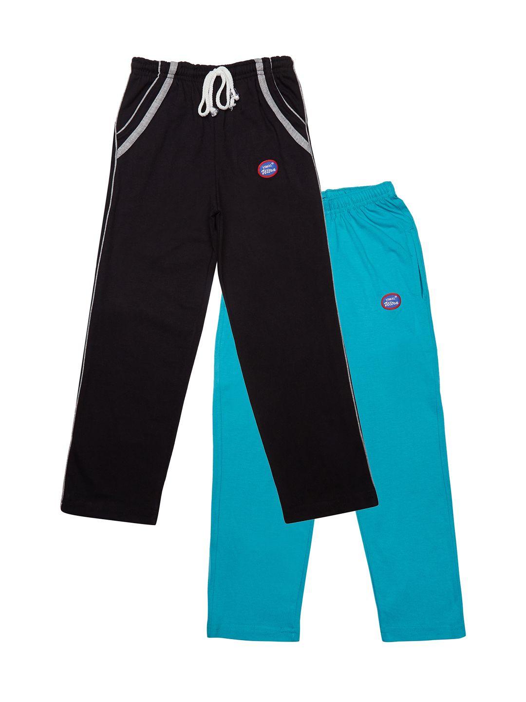 vimal jonney kids boys pack of 2 black & blue solid slim fittrack pants