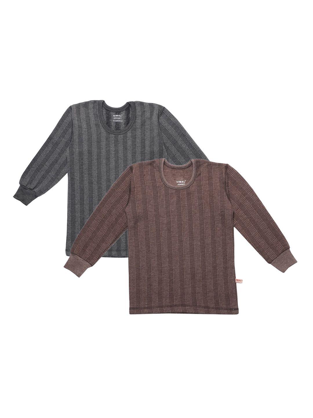 vimal jonney kids pack of 2 brown & charcoal grey self-striped thermal t-shirts