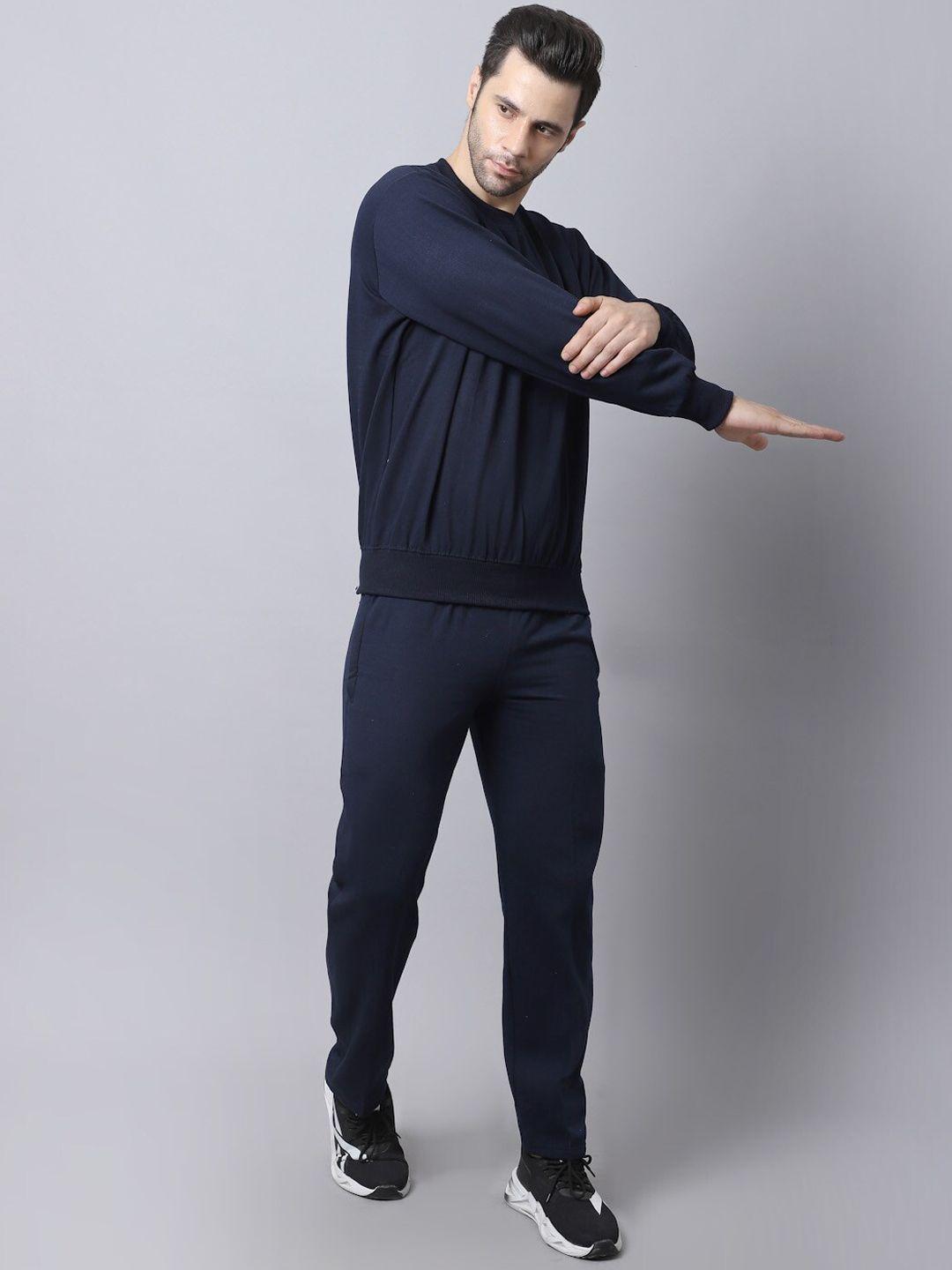 vimal jonney men navy blue solid fleece tracksuit