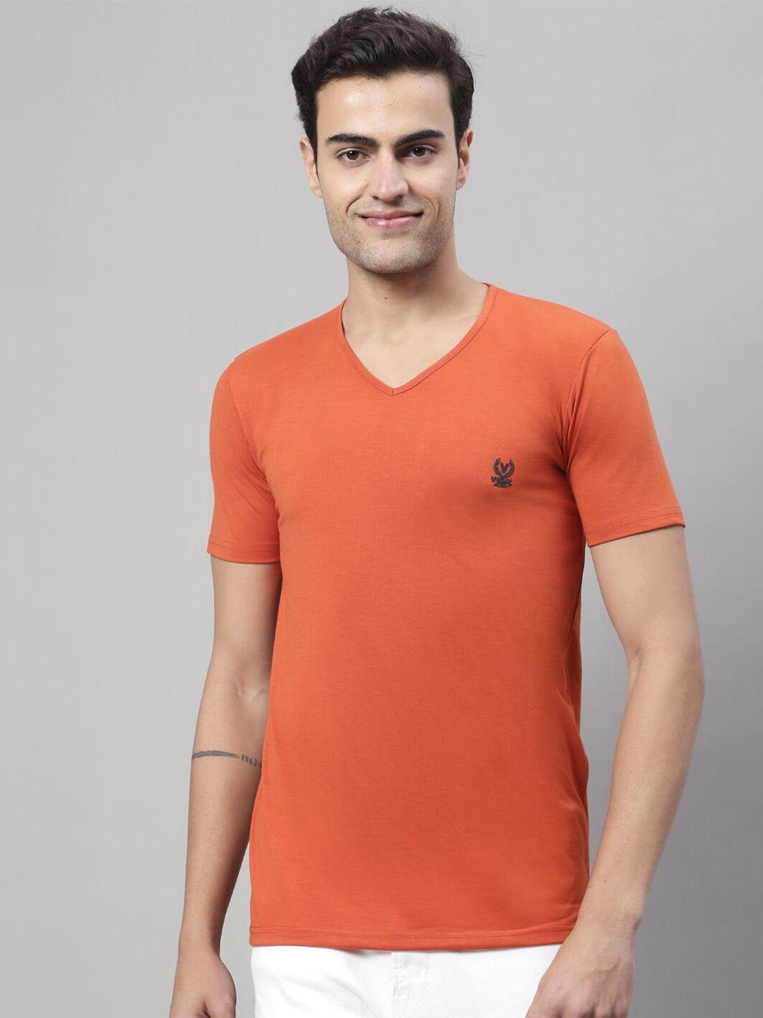 vimal jonney men orange v-neck pockets t-shirt
