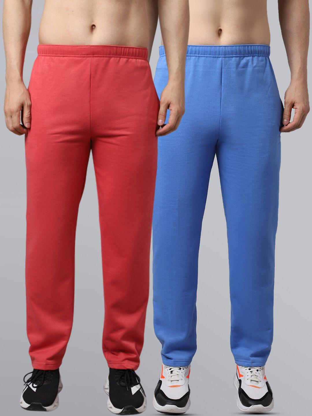 vimal jonney men pack of 2 blue & red solid fleece track pants