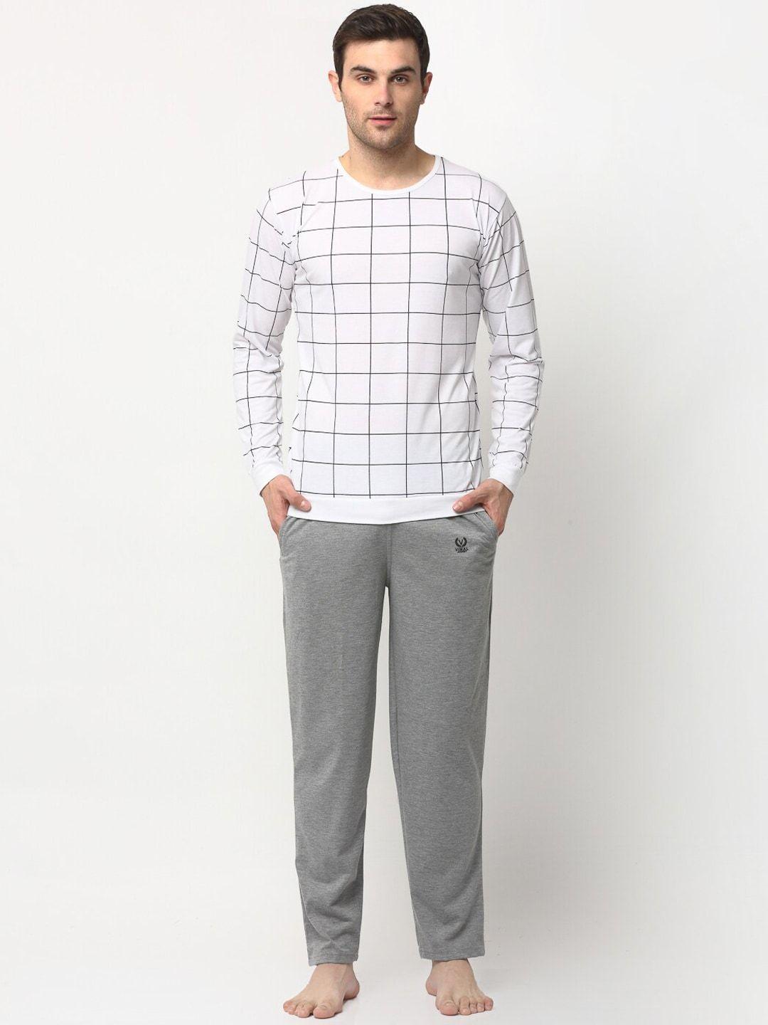 vimal jonney men white & grey checked night suit