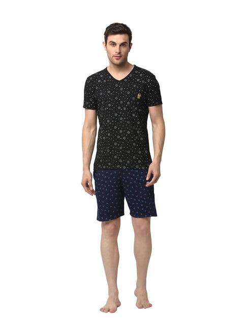 vimal jonney navy & black printed t-shirt & shorts