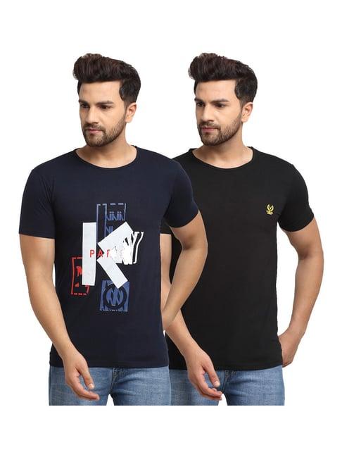 vimal jonney navy & black regular fit printed t-shirt - pack of 2
