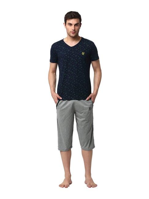 vimal jonney navy & grey printed t-shirt & capris