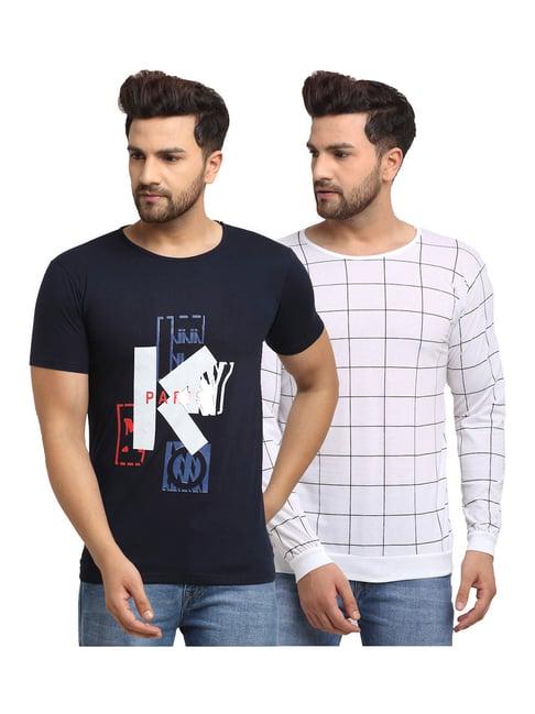 vimal jonney navy & white regular fit check t-shirt - pack of 2