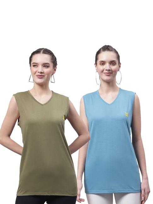 vimal jonney olive & blue cotton logo print t-shirt (pack of 2)