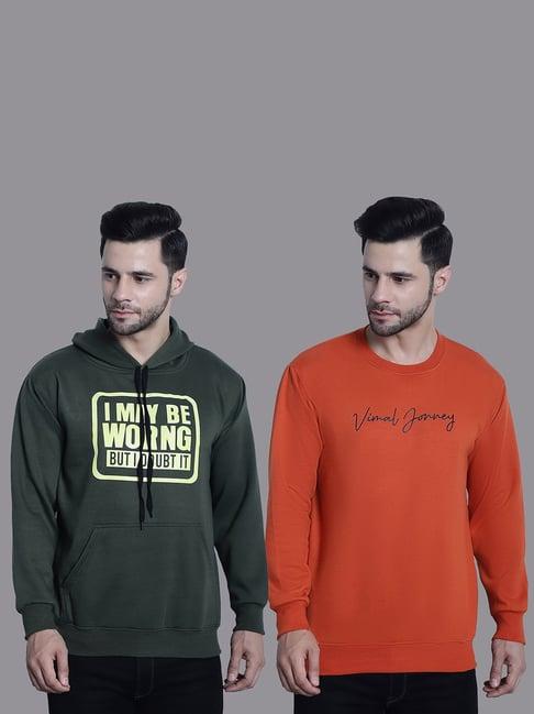 vimal jonney olive & orange regular fit printed sweatshirt - pack of 2