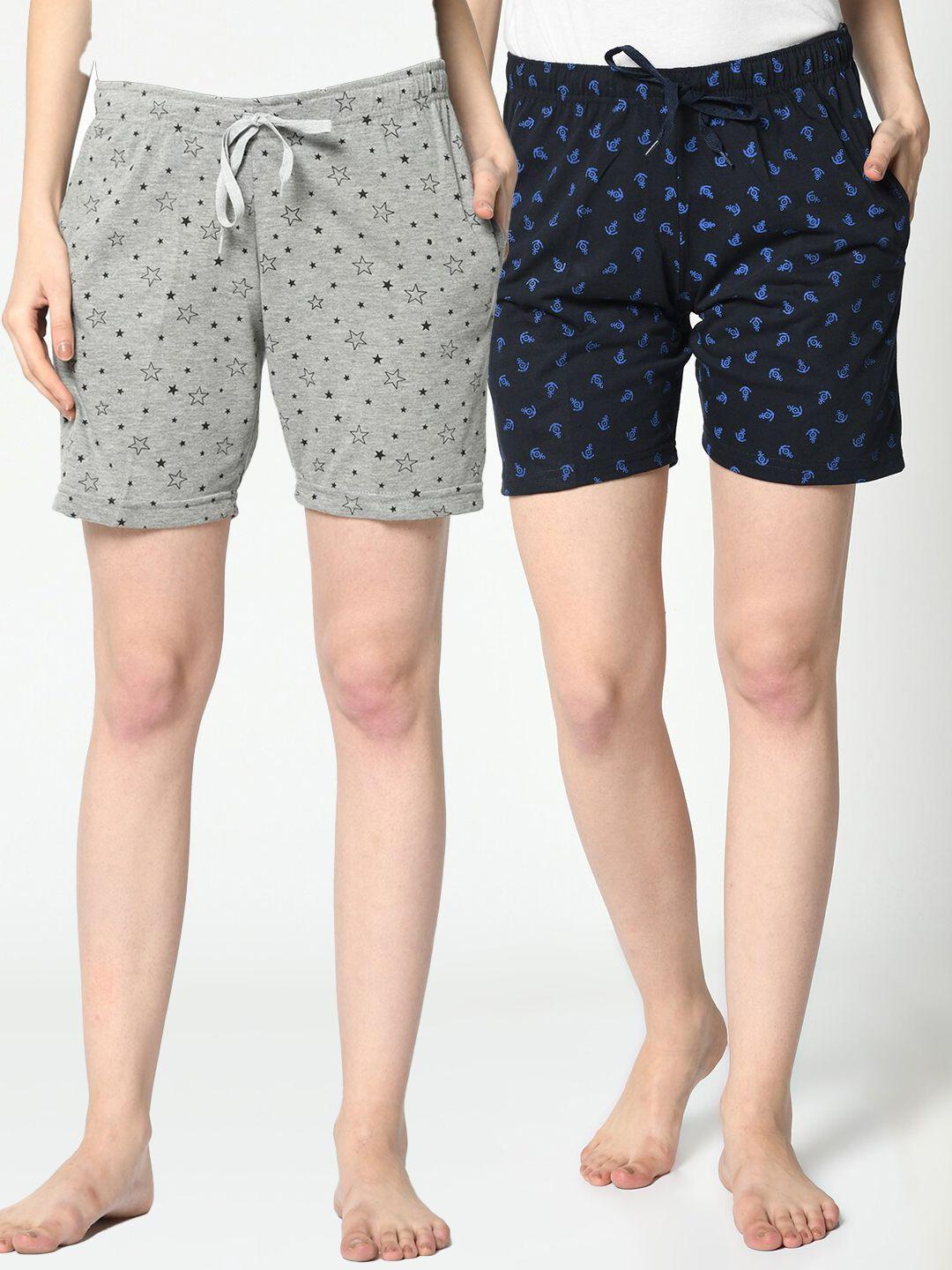 vimal jonney set of 2 women grey & navy blue printed lounge shorts