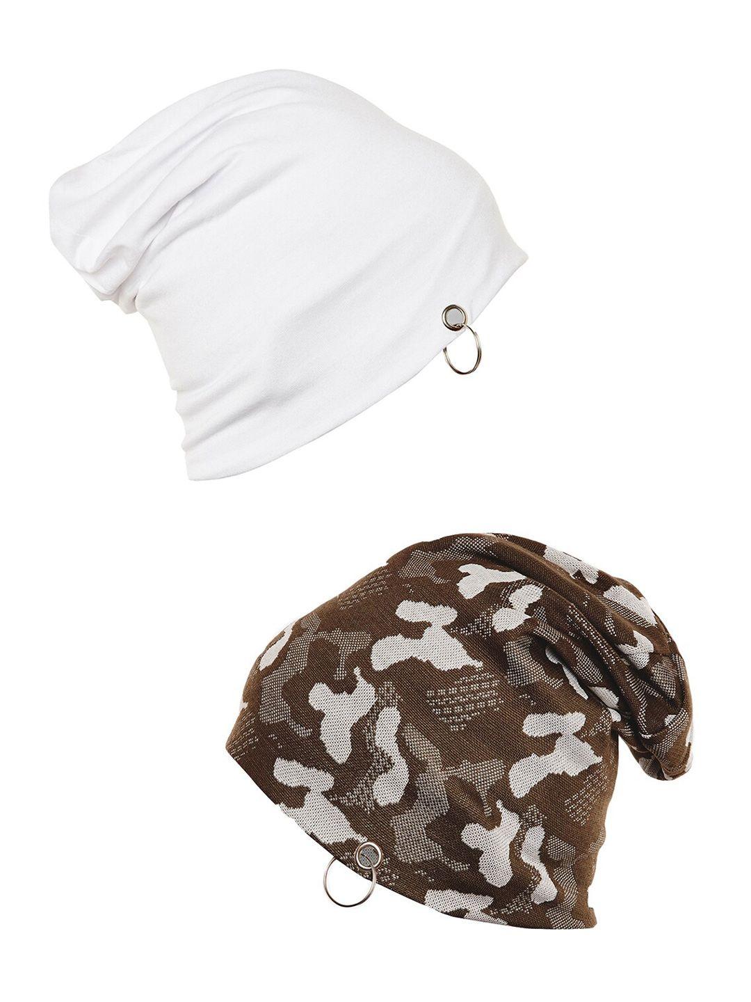 vimal jonney unisex pack of 2 olive green & white printed beanie