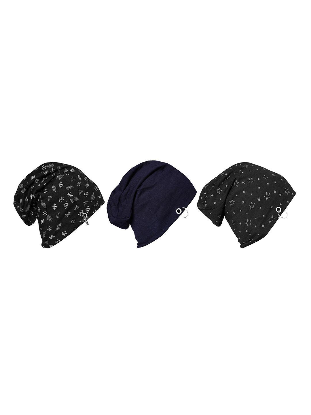 vimal jonney unisex pack of 3 black & navy blue printed beanies