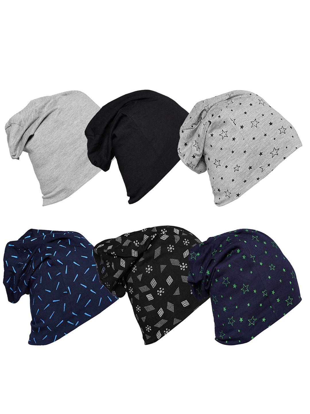 vimal jonney unisex pack of 6  black & blue printed cotton beanie caps