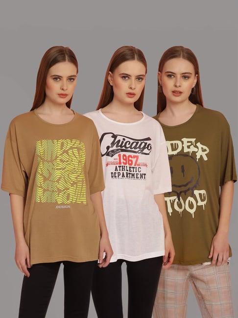 vimal jonney white & brown cotton printed t-shirt - pack of 3