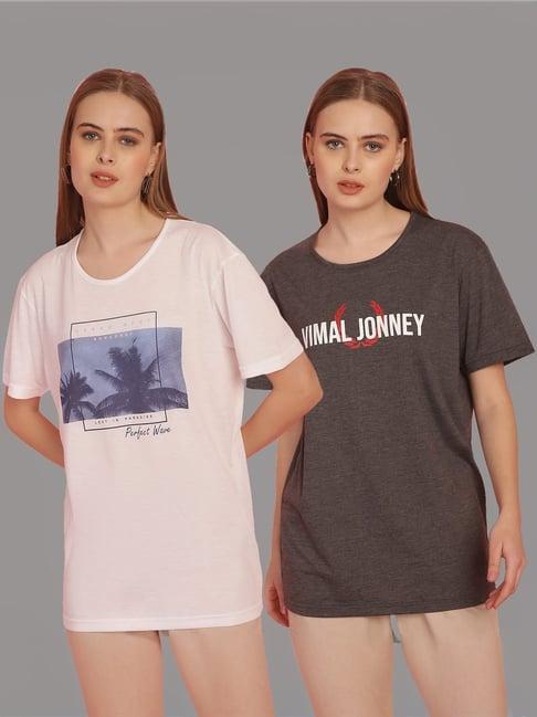 vimal jonney white & grey cotton printed t-shirt - pack of 2