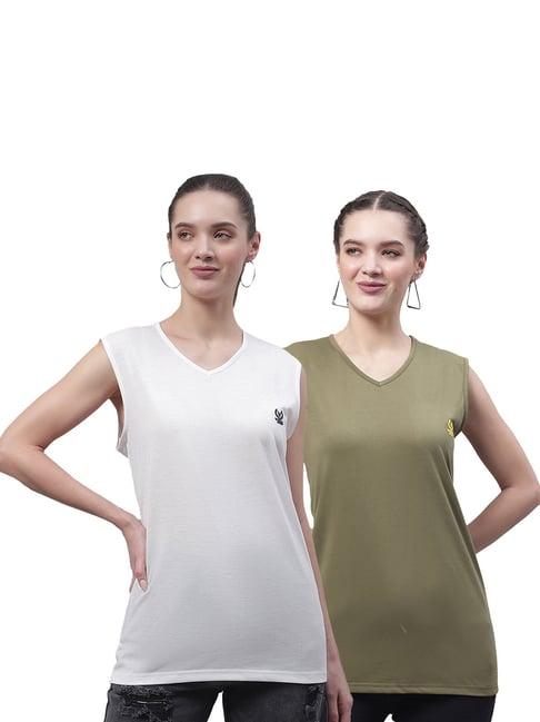 vimal jonney white & olive cotton logo print t-shirt (pack of 2)