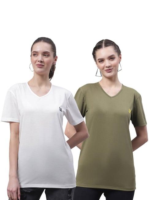 vimal jonney white & olive green cotton logo t-shirt - pack of 2